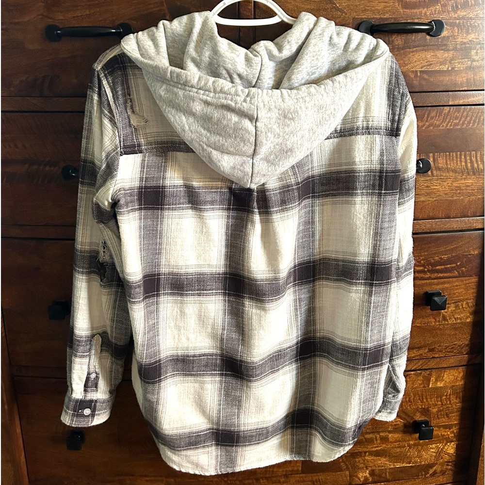 AE Women’s American Eagle Hooded Destroyed Flannel Button Down Shirt Hoodie XS - Picture 3 of 8